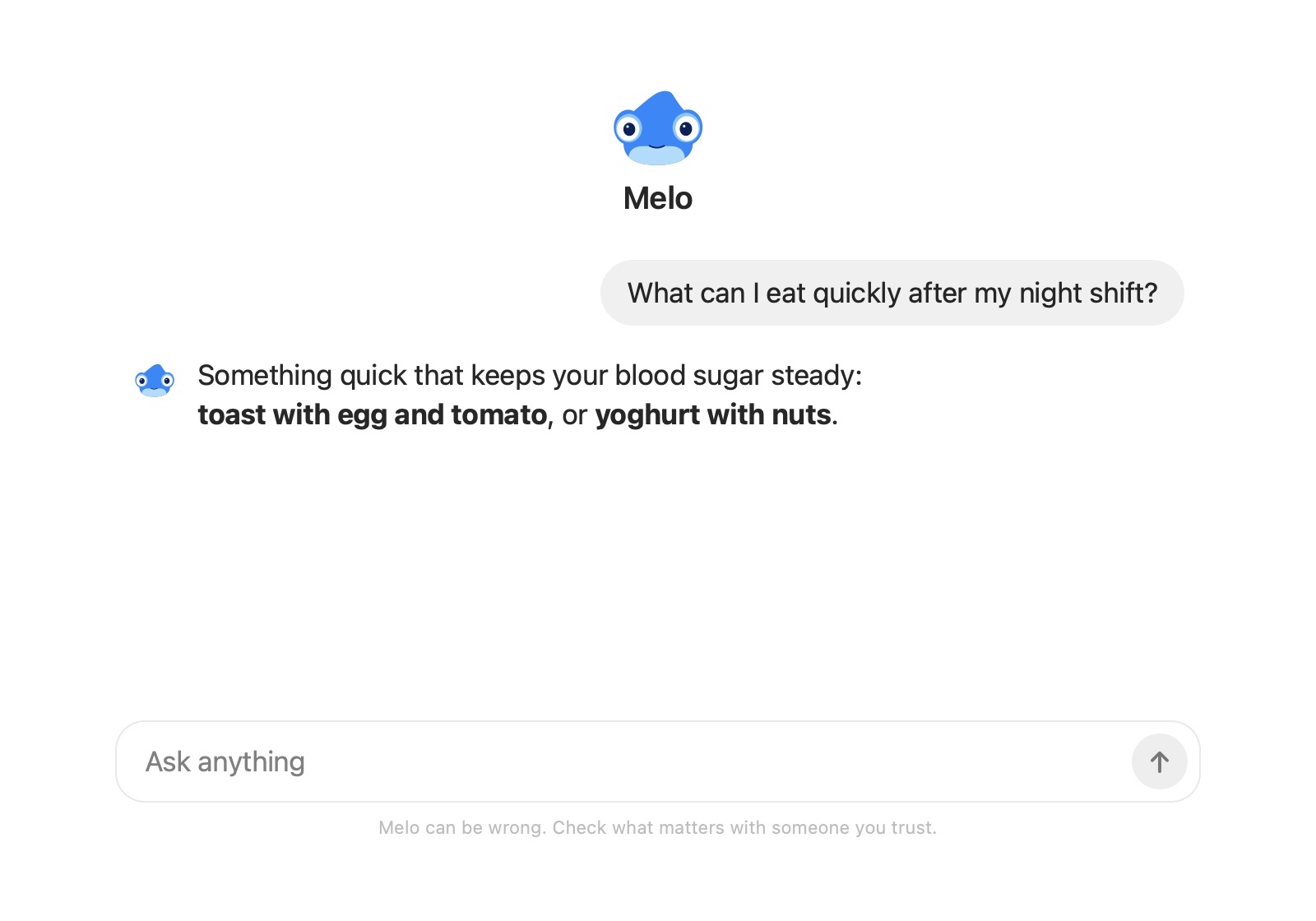 The Melo app on a Mac: you ask what to eat quickly after a night shift, and Melo answers with something that keeps your blood sugar steady