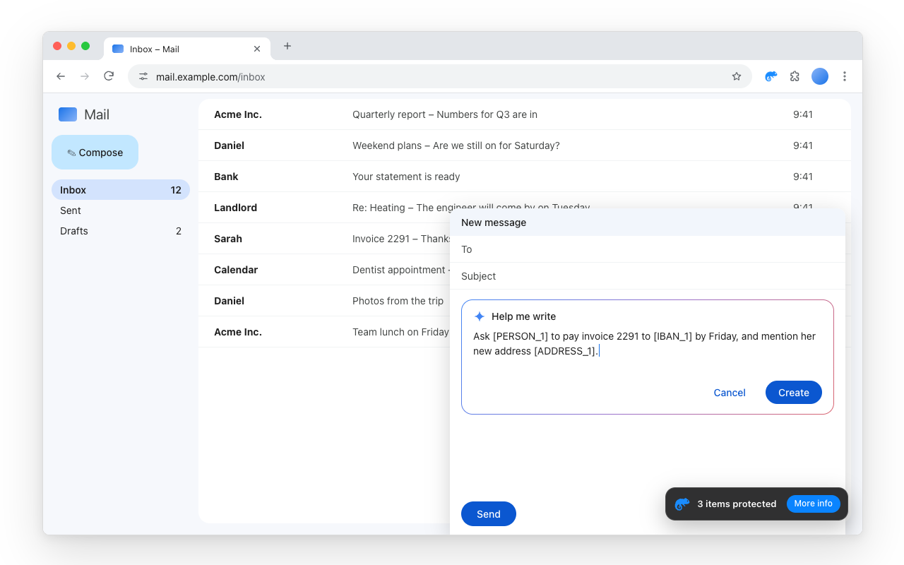 Kamelo masking personal data in an AI writing assistant in email